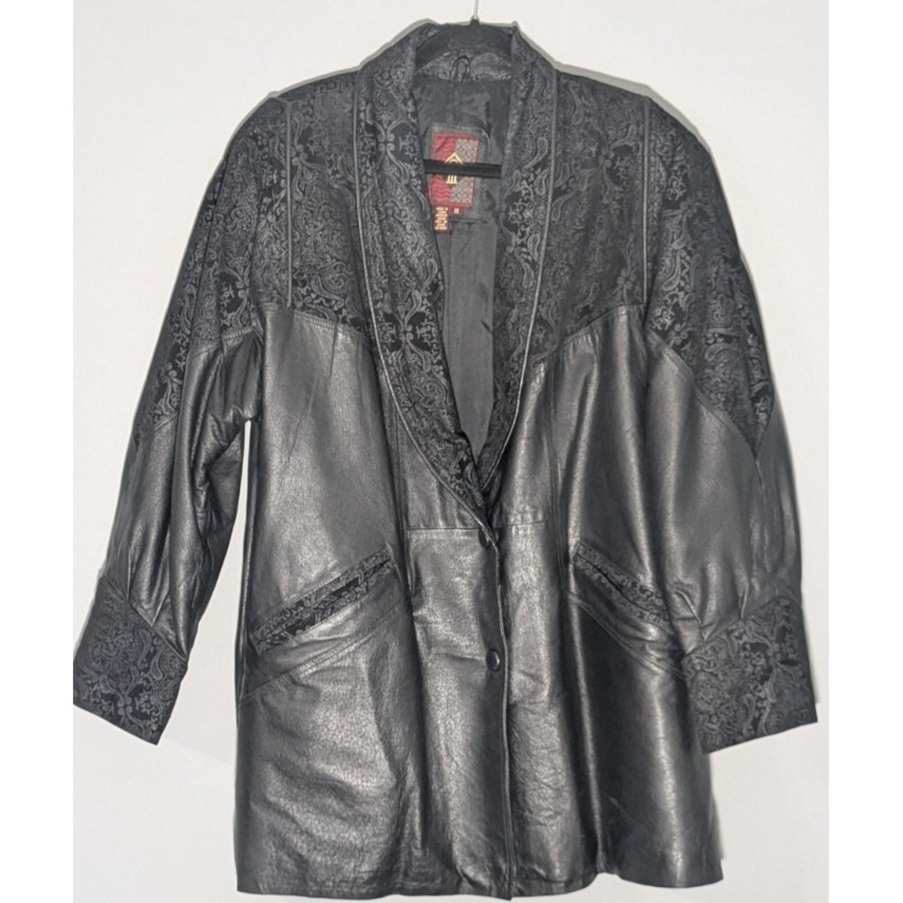 Vintage (80/90s) G-III Black Leather Oversized Coat Embossed Damask Trim 1X